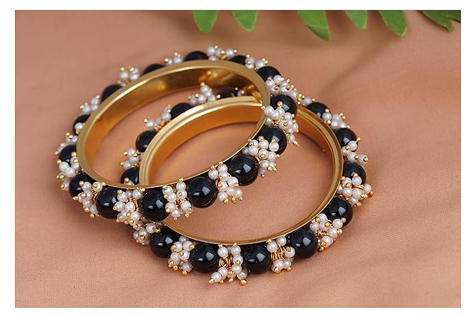 LukGud Gold Plated Cluster Pearl Beads Bangle Set for Women and Girls. (Set of 2)