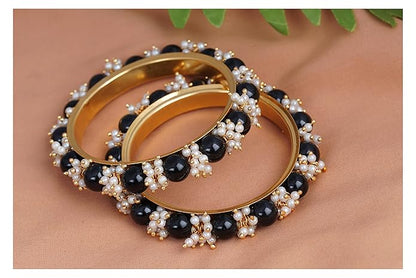 LukGud Gold Plated Cluster Pearl Beads Bangle Set for Women and Girls. (Set of 2)