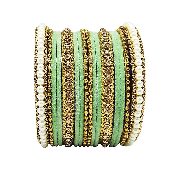 LukGud Traditional fabric stone metal bangles set for women and girls.