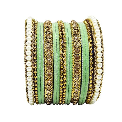 LukGud Traditional fabric stone metal bangles set for women and girls.