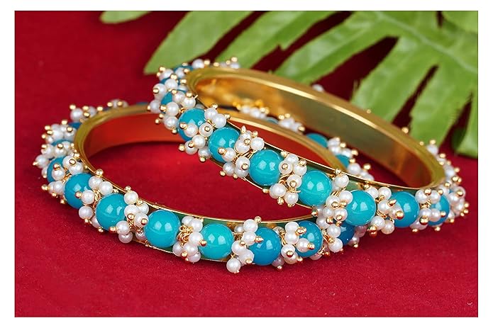 LukGud Less Fashion Gold Plated Cluster Pearl Beads Bangle Set for Women and Girls. (Set of 2)