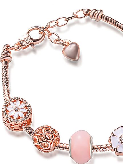 LukGud Silver Rosegold Plated Crystal Pandora Charm Bracelet for Women and Girls