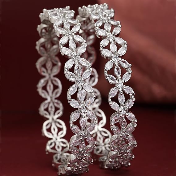 LukGud Rhodium-Plated Silver Toned White Floral | Bangles Jewellery Set for Girls and Women (Set Of 2)