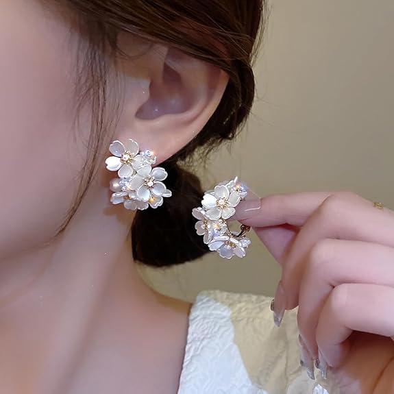 LukGud Latest Sweet Romantic Elegant White Flower Hoop Earrings