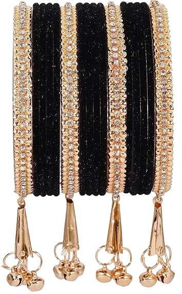 LukGud Velvet Studded Bells Latkan Bangles Set For Girls and Women -Pack of 16 Bangles