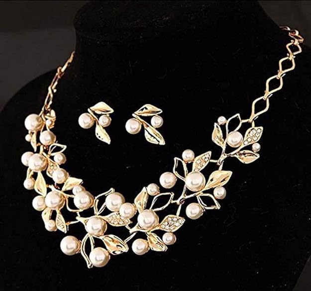 LukGud Gold Plated Pearl Necklace Set/Jewellery Set with Fancy Earrings for Girls/Women