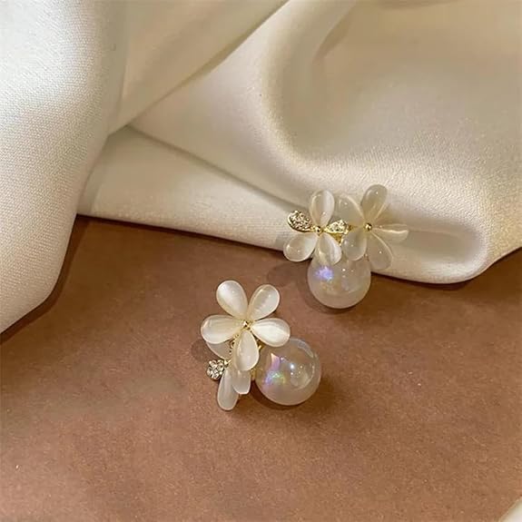 LukGud Latest Sweet Romantic Elegant White Flower Hoop Earrings