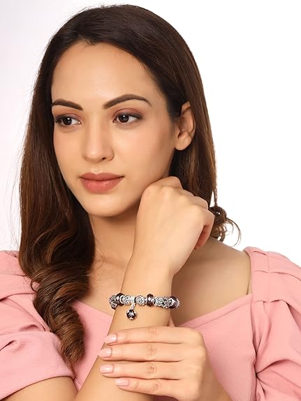 LukGud Silver Rosegold Plated Crystal Pandora Charm Bracelet for Women and Girls