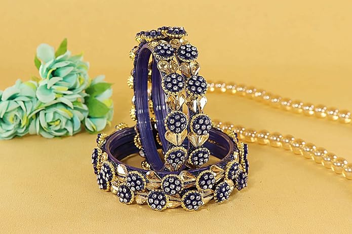 LukGud Stylish Glass Bangles Kada Set with Golden Zircon Diamond and Beads For Women & Girls