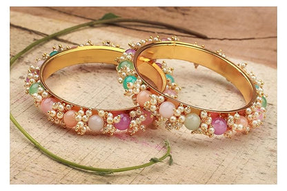 LukGud Less Fashion Gold Plated Cluster Pearl Beads Bangle Set for Women and Girls. (Set of 2)