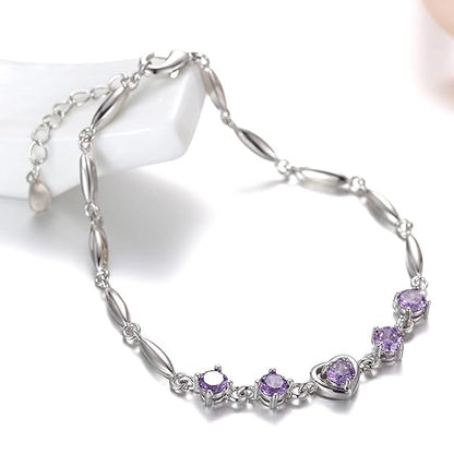 LukGud Silver Plated Heart Shape Designed Charm Bracelet for Women (Pack of 1,Purple)