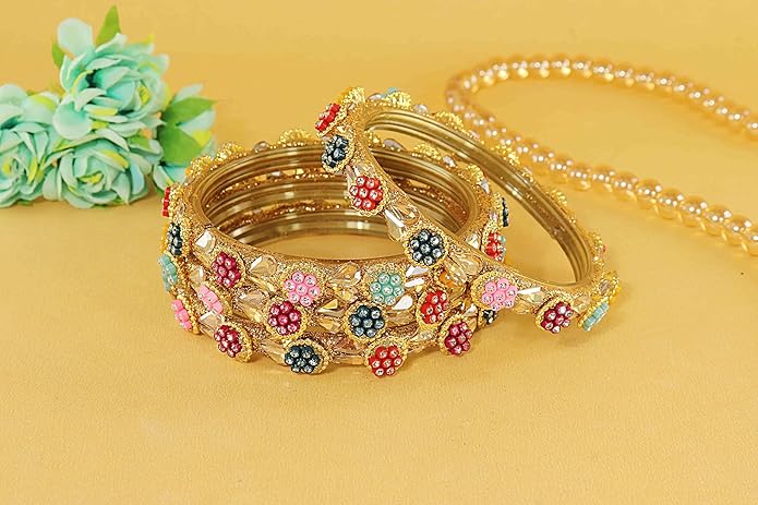 LukGud Bangles Kada Set with Golden Zircon Diamond and Beads For Women & Girls - Set of 2