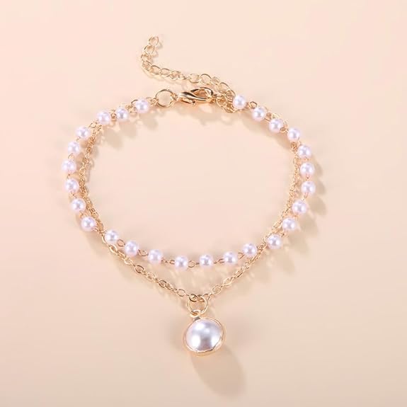 LukGud Trendy Gorgeous Pearl Gold Plated Double Layer Bracelet For Women And Girls