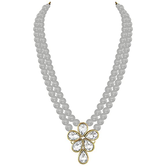 LukGud 18k Gold Plated Traditional Kundan & Pearl Studded Necklace Jewellery Set For Women