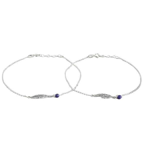 LukGud Silver Beads Leaf Rhodium Plating Chain Anklet (Pair) | | Gift for Women & Girls |