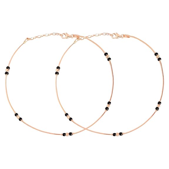 LukGud Silver Beads Minimal Rose Gold Plating Anklet (Pair) | Gift for Women & Girls