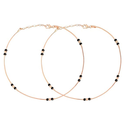 LukGud Silver Beads Minimal Rose Gold Plating Anklet (Pair) | Gift for Women & Girls