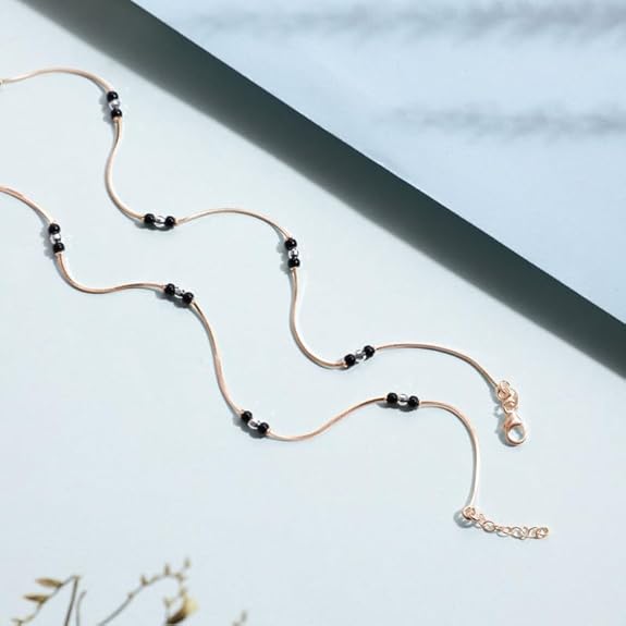 LukGud Silver Beads Minimal Rose Gold Plating Anklet (Pair) | Gift for Women & Girls