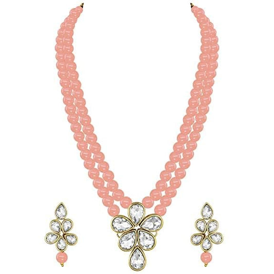 LukGud 18k Gold Plated Traditional Kundan & Pearl Studded Necklace Jewellery Set For Women