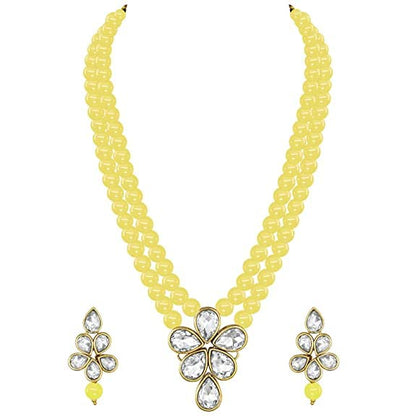 LukGud 18k Gold Plated Traditional Kundan & Pearl Studded Necklace Jewellery Set For Women