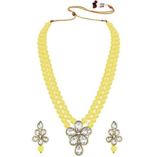 LukGud 18k Gold Plated Traditional Kundan & Pearl Studded Necklace Jewellery Set For Women