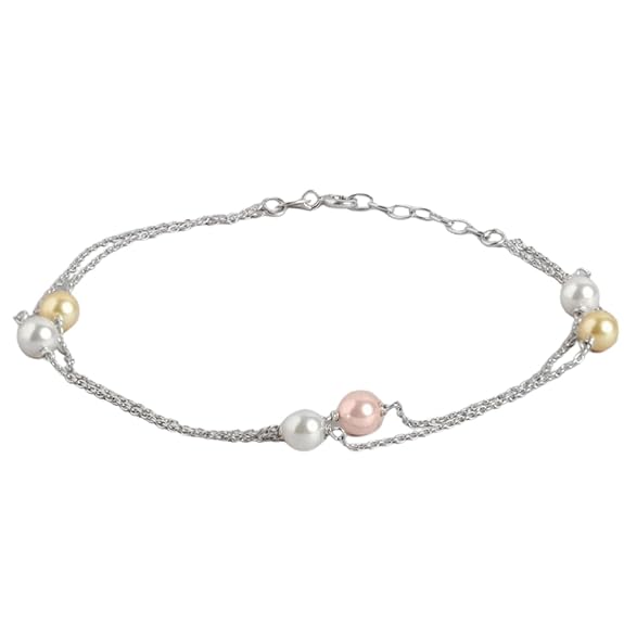 LukGud  Silver Freshwater Pearl Minimal Rhodium Plating Chain Anklet (Single) | Gift for Women & Girls |