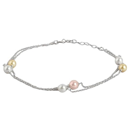 LukGud  Silver Freshwater Pearl Minimal Rhodium Plating Chain Anklet (Single) | Gift for Women & Girls |