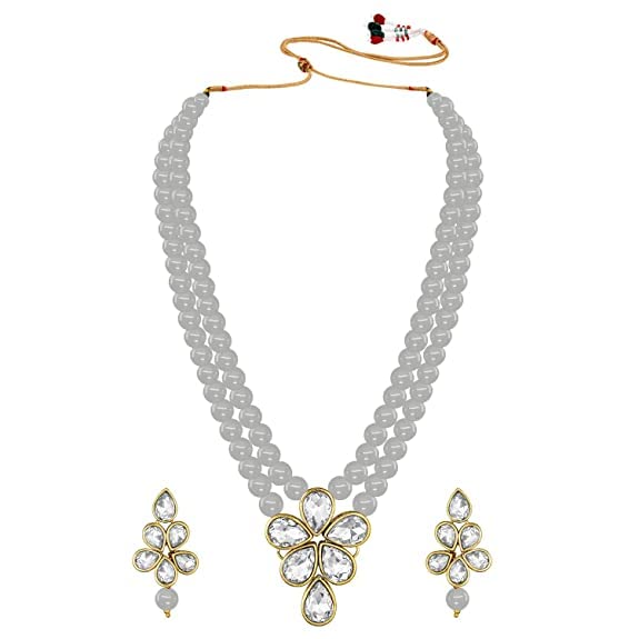 LukGud 18k Gold Plated Traditional Kundan & Pearl Studded Necklace Jewellery Set For Women