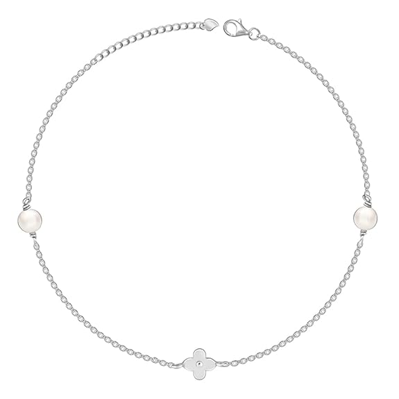 LukGud  Silver Pearls & Flower Anklet,Single| Valentine Gift for Girlfriend Wife Women & Girls