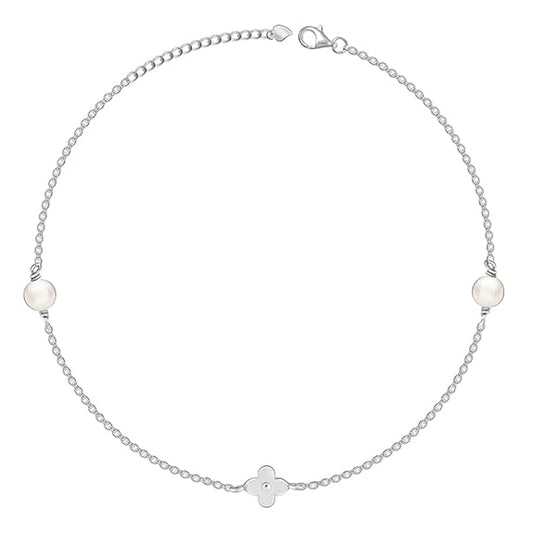 LukGud  Silver Pearls & Flower Anklet,Single| Valentine Gift for Girlfriend Wife Women & Girls