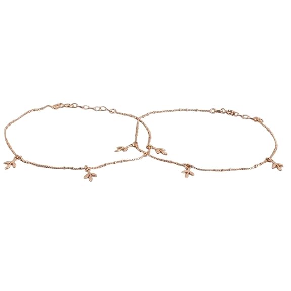 LukGud Silver Modest Leaf Rose Gold Plating Chain Anklet (Pair) | | Gift for Women & Girls