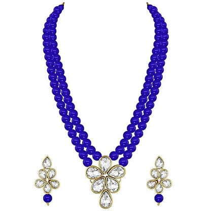 LukGud 18k Gold Plated Traditional Kundan & Pearl Studded Necklace Jewellery Set For Women