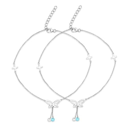 LukGud Silver Cubic Zirconia CZ Drop Adjustable Rhodium Plated Chain Anklet (Pair) | Gift for Women & Girls |