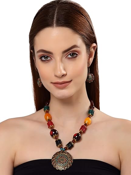 LukGud Latest Stylish Traditional Tibetan Pendant Necklace Jewellery Set for Women