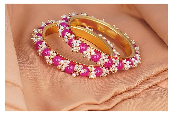 LukGud Less Fashion Gold Plated Cluster Pearl Beads Bangle Set for Women and Girls (Set of 2)