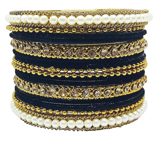 LukGud Traditional fabric stone metal bangles set for women and girls.