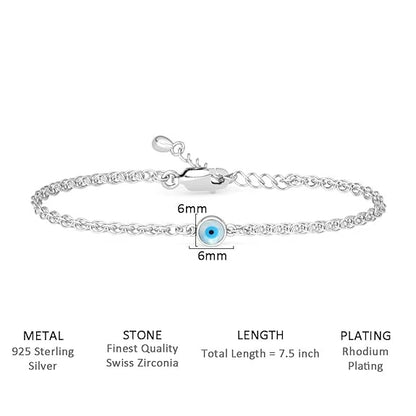 LukGud Silver Evil Eye Chain Bracelet, Adjustable, Anti Tarnish for Women and Girls