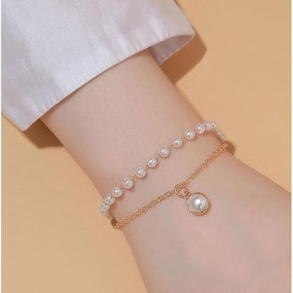 LukGud Trendy Gorgeous Pearl Gold Plated Double Layer Bracelet For Women And Girls