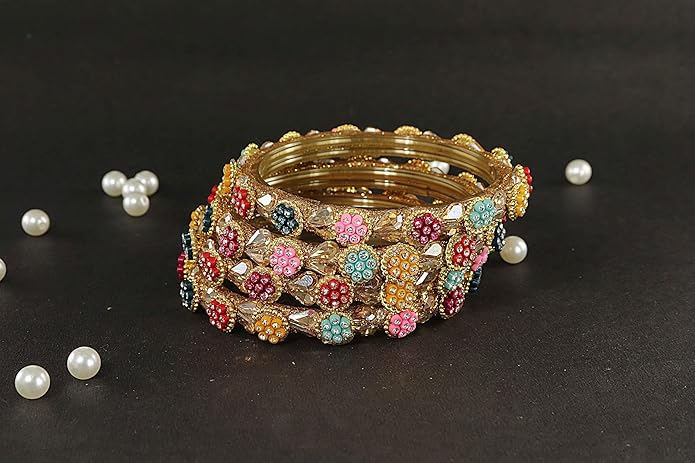 LukGud Bangles Kada Set with Golden Zircon Diamond and Beads For Women & Girls - Set of 2