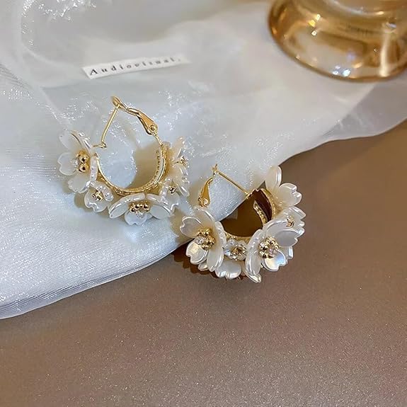 LukGud Latest Sweet Romantic Elegant White Flower Hoop Earrings