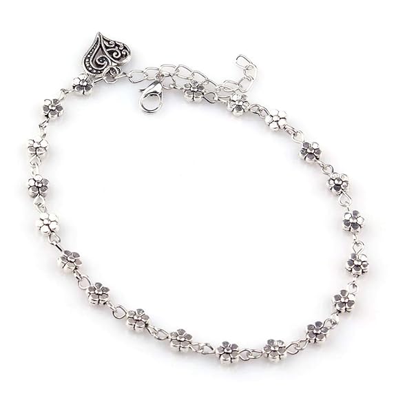 LukGud Oxidised Silver Floral Single Stylish Anklet for Women & Girls (Silver)