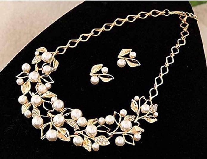 LukGud Gold Plated Pearl Necklace Set/Jewellery Set with Fancy Earrings for Girls/Women