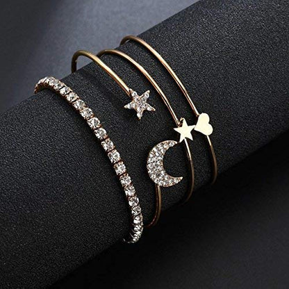 LukGud Bracelet For Women Star Moon Design AD Studded Multi Layered Gold Plated