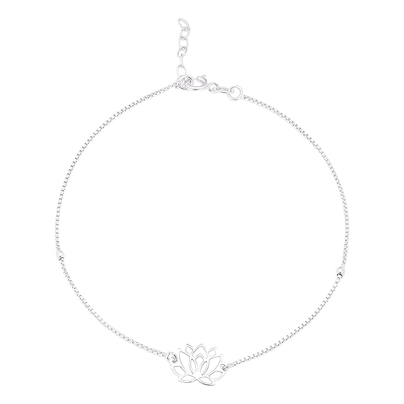 LukGud Silver Designer Lotus Floral Rhodium Plated Adjustable Chain Anklet (Single) | Gift for Women & Girls |