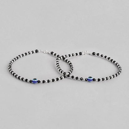 LukGud 925 Sterling Silver Evil Eye Adjustable Rhodium Plated Beaded Anklet (Pair) | Gift for Women & Girls