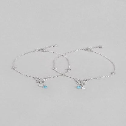 LukGud Silver Cubic Zirconia CZ Drop Adjustable Rhodium Plated Chain Anklet (Pair) | Gift for Women & Girls |