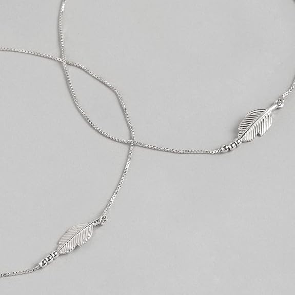 LukGud 925 Sterling Silver Designer Leaf Rhodium Plated Adjustable Chain Anklet (Pair) | Gift for Women & Girls