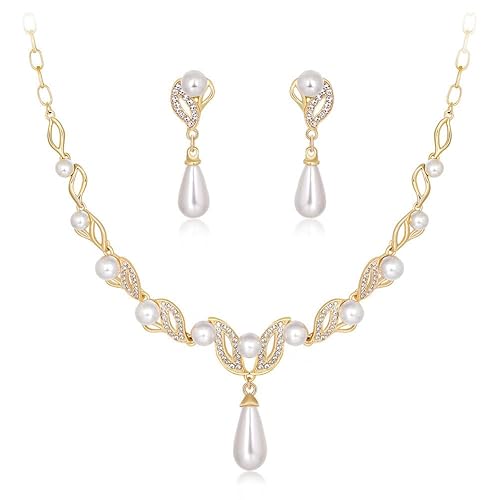 LukGud Latest Stylish Design Gold Plated Pearl Necklace Jewellery Set for Women