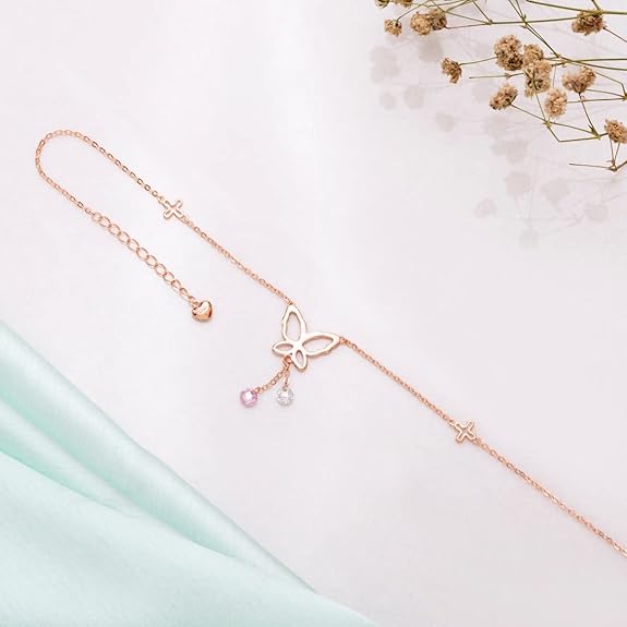 LukGud Silver Butterfly with Pink & White Drops Rose Gold Plating Anklet (Pair) | Gift for Women & Girls |