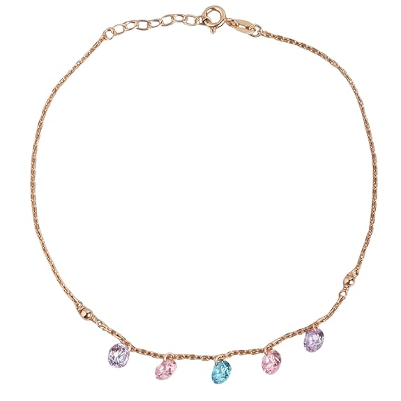 Silver Coloured Stones Rose Gold Plating Chain Anklet (Pair) Gift for Women & Girls |